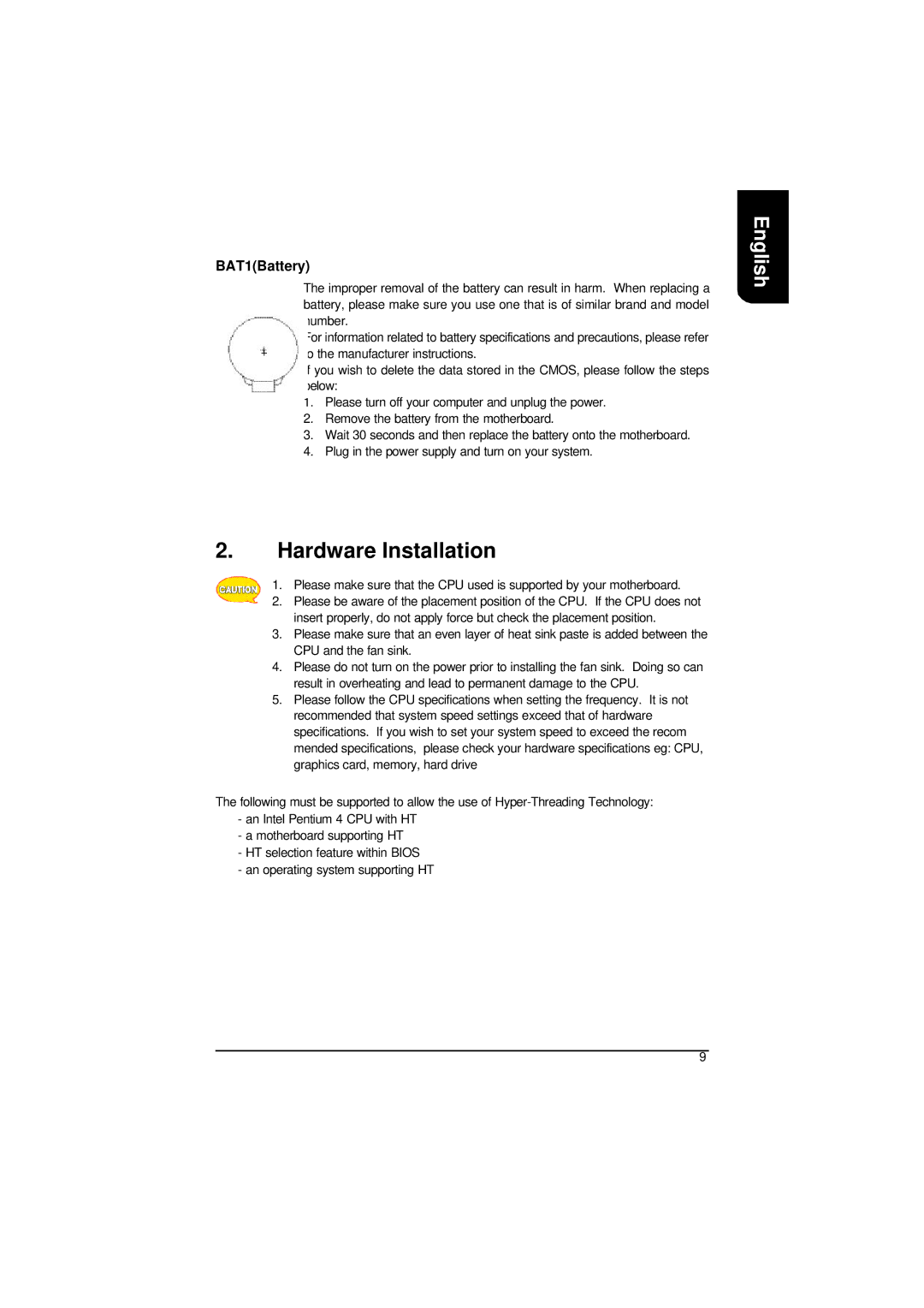 Intel XP-P41533E user manual Hardware Installation, BAT1Battery 