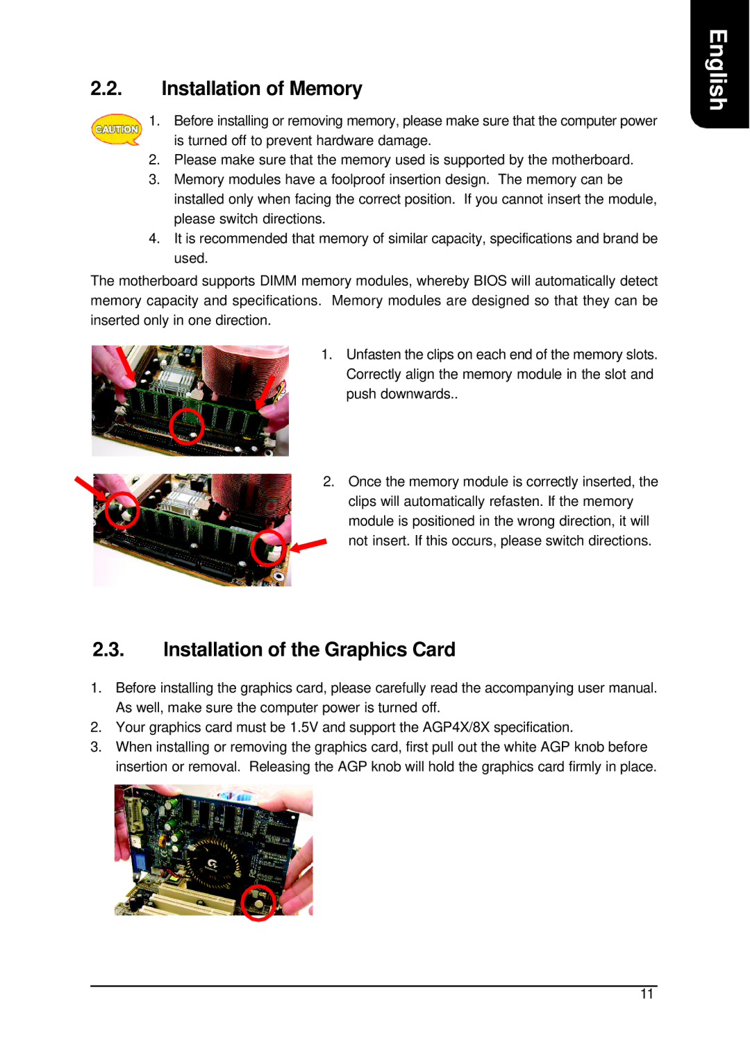 Intel XP-P4S8X-VM user manual Installation of Memory, Installation of the Graphics Card 