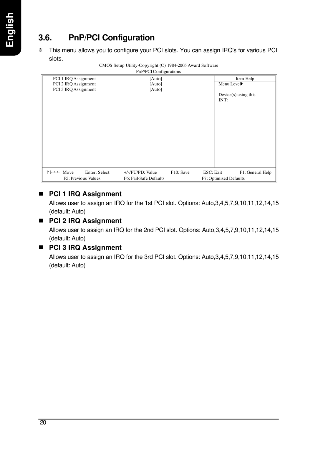 Intel XP-P4S8X-VM user manual PnP/PCI Configuration, PCI 1 IRQ Assignment, PCI 2 IRQ Assignment, PCI 3 IRQ Assignment, Int 