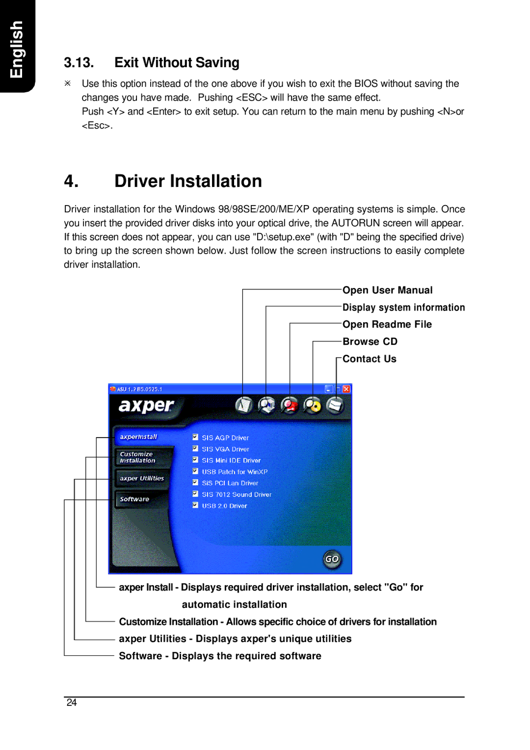 Intel XP-P4S8X-VM user manual Driver Installation, Exit Without Saving 