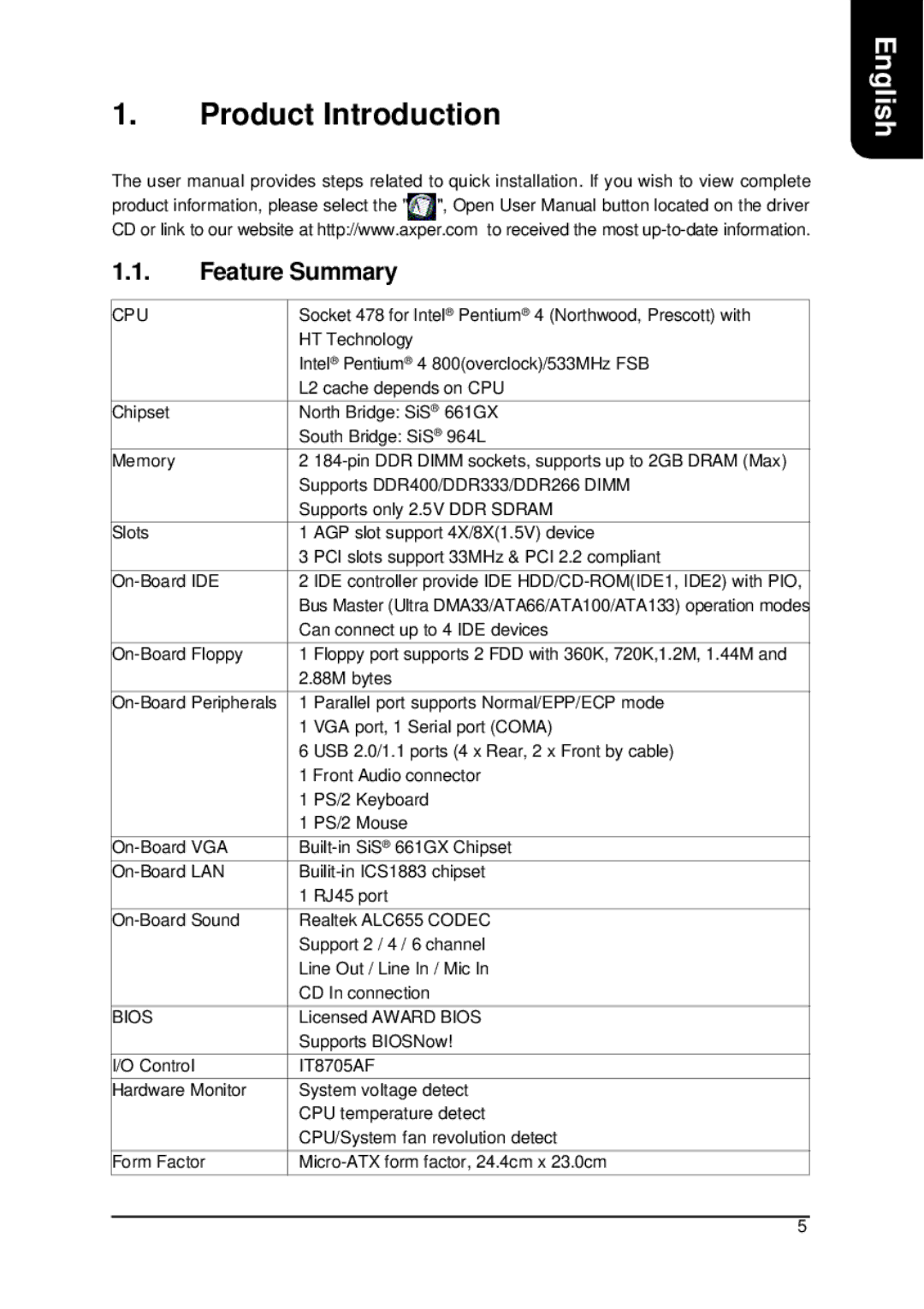 Intel XP-P4S8X-VM user manual Product Introduction, Feature Summary 