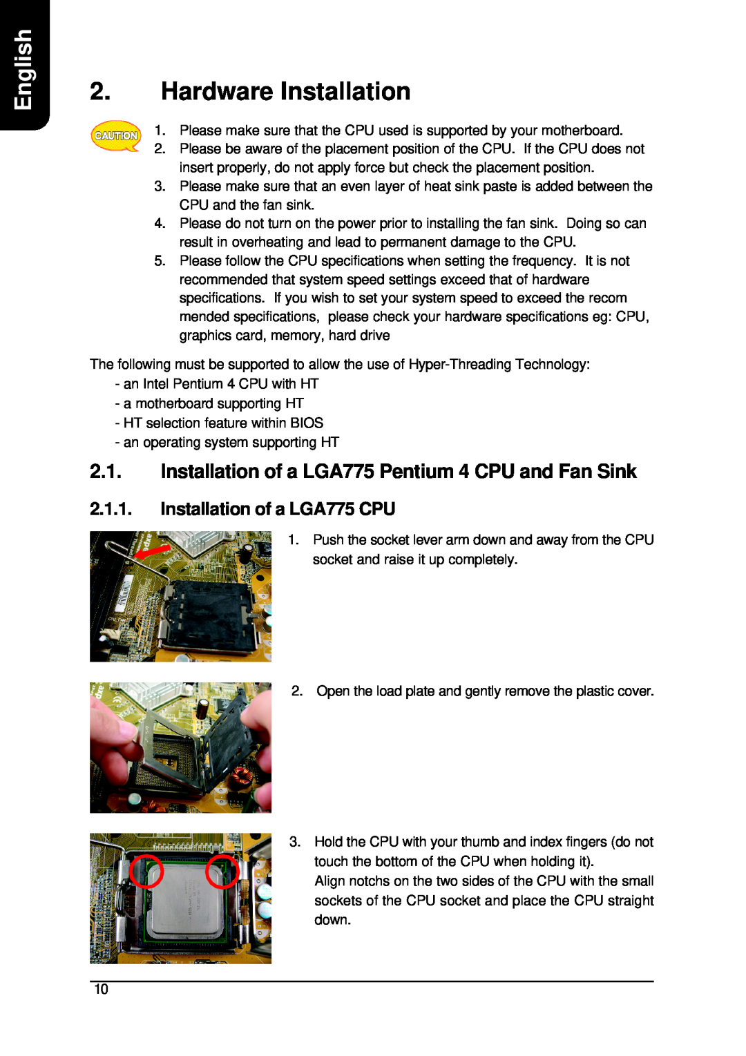 Intel XP-P5CM-GV, XP-P5CM-GL user manual Hardware Installation, Installation of a LGA775 CPU, English 