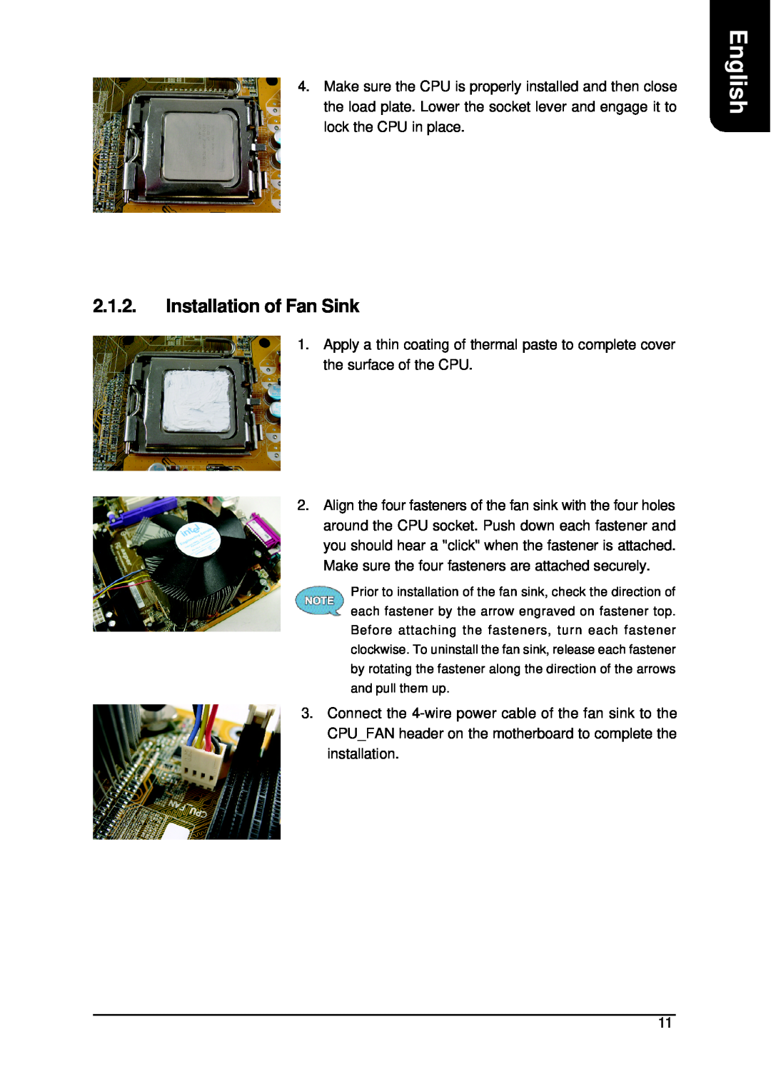 Intel XP-P5CM-GL, XP-P5CM-GV user manual Installation of Fan Sink, English 