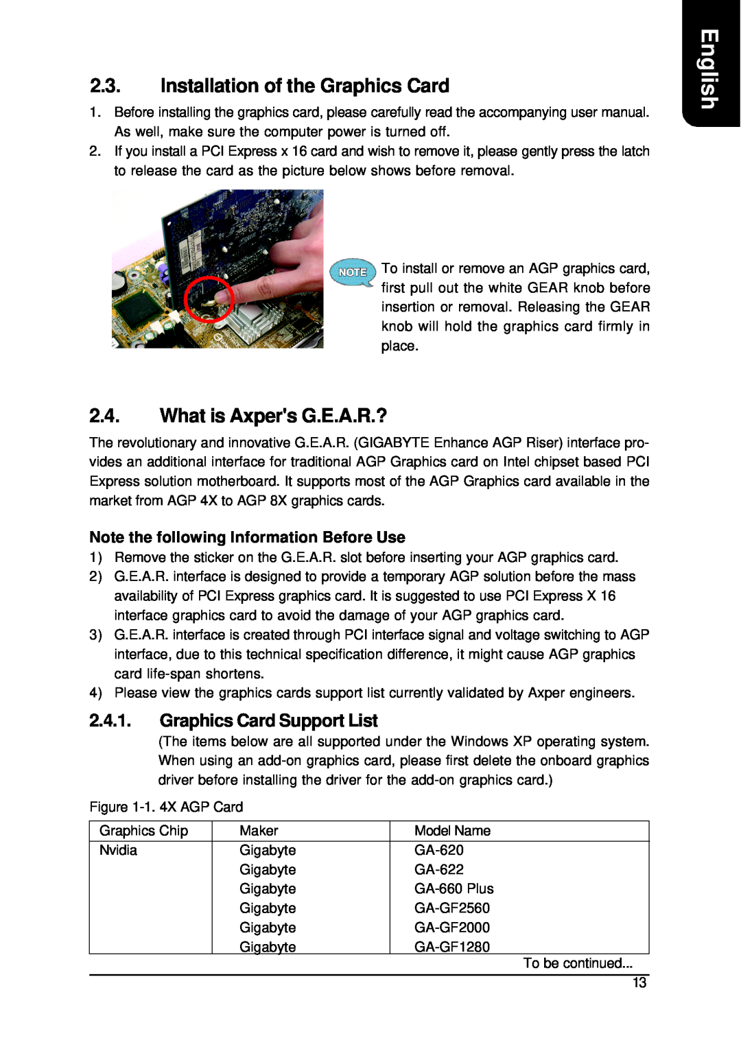 Intel XP-P5CM-GL Installation of the Graphics Card, What is Axpers G.E.A.R.?, Graphics Card Support List, English 