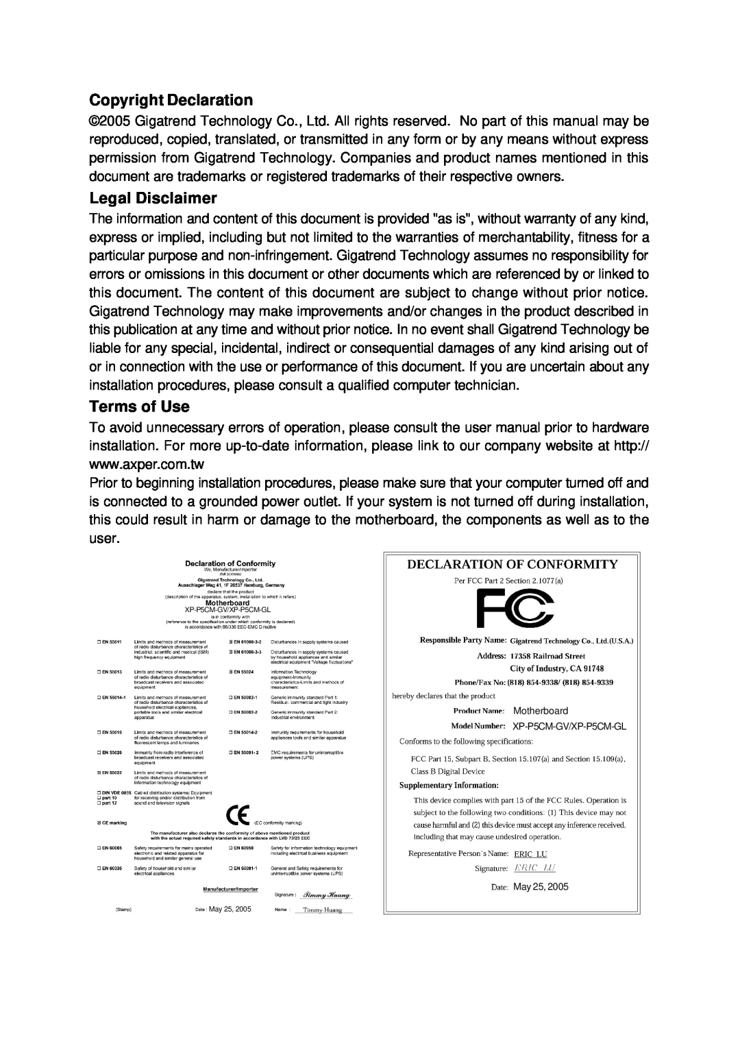 Intel user manual Copyright Declaration, Legal Disclaimer, Terms of Use, Motherboard XP-P5CM-GV/XP-P5CM-GL May 