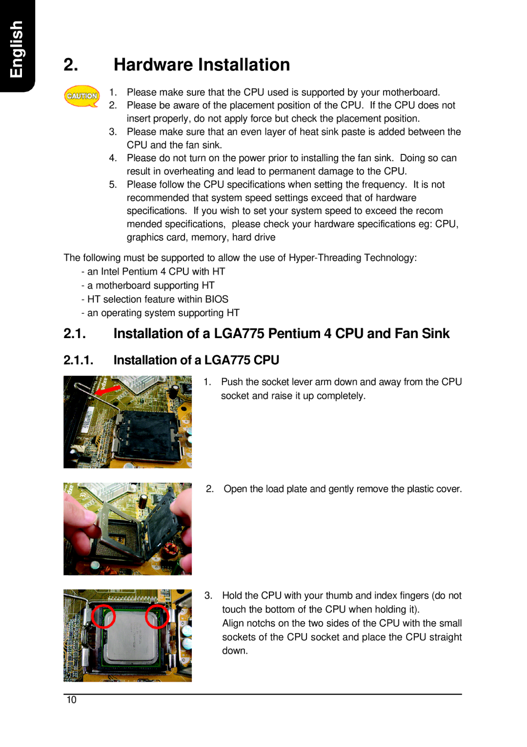 Intel XP-P5CM-GV, XP-P5CM-GL user manual Hardware Installation, Installation of a LGA775 Pentium 4 CPU and Fan Sink 