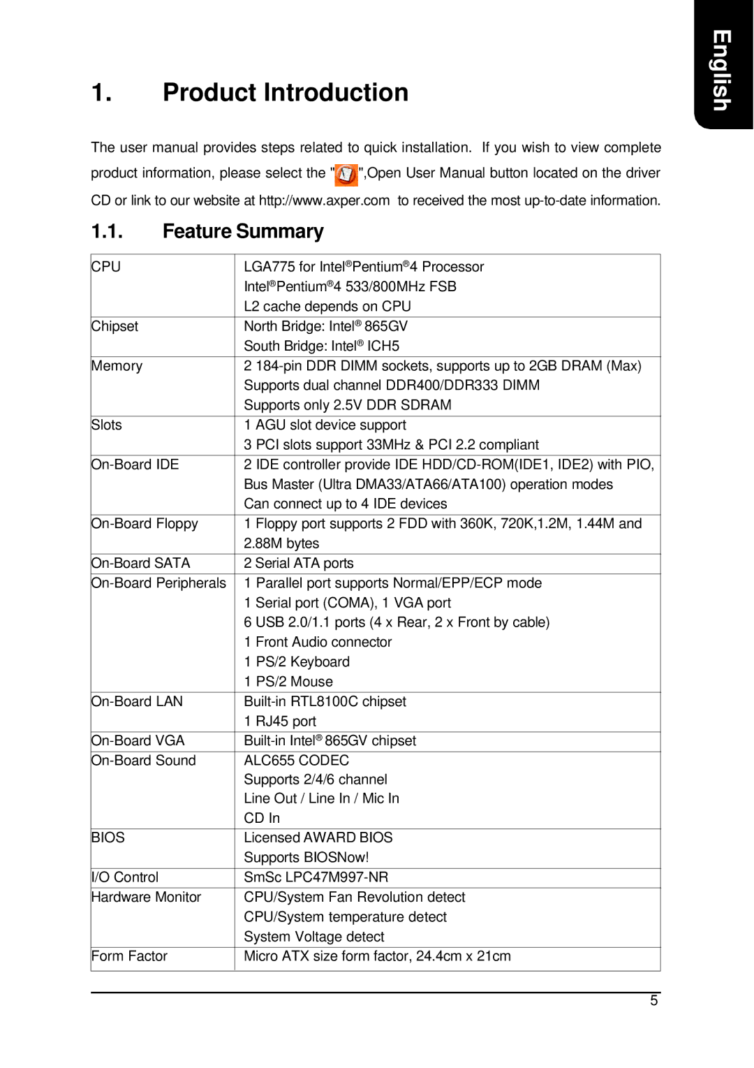 Intel XP-P5IM800GV user manual Product Introduction, Feature Summary 