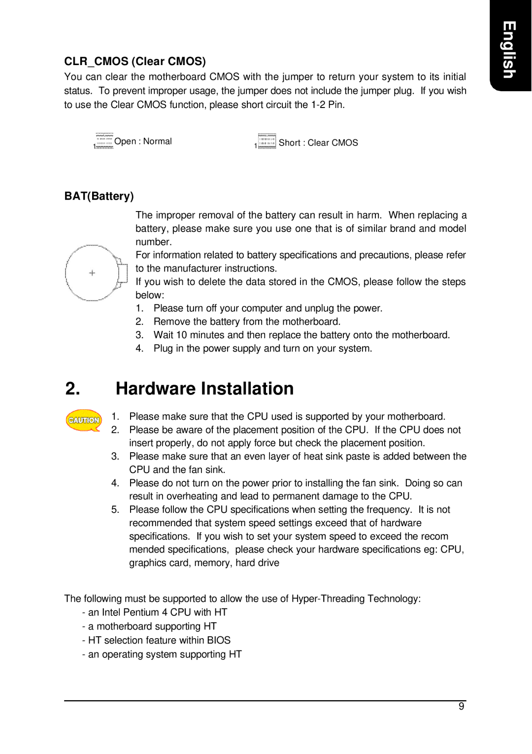 Intel XP-P5IM800GV user manual Hardware Installation, Clrcmos Clear Cmos, BATBattery 