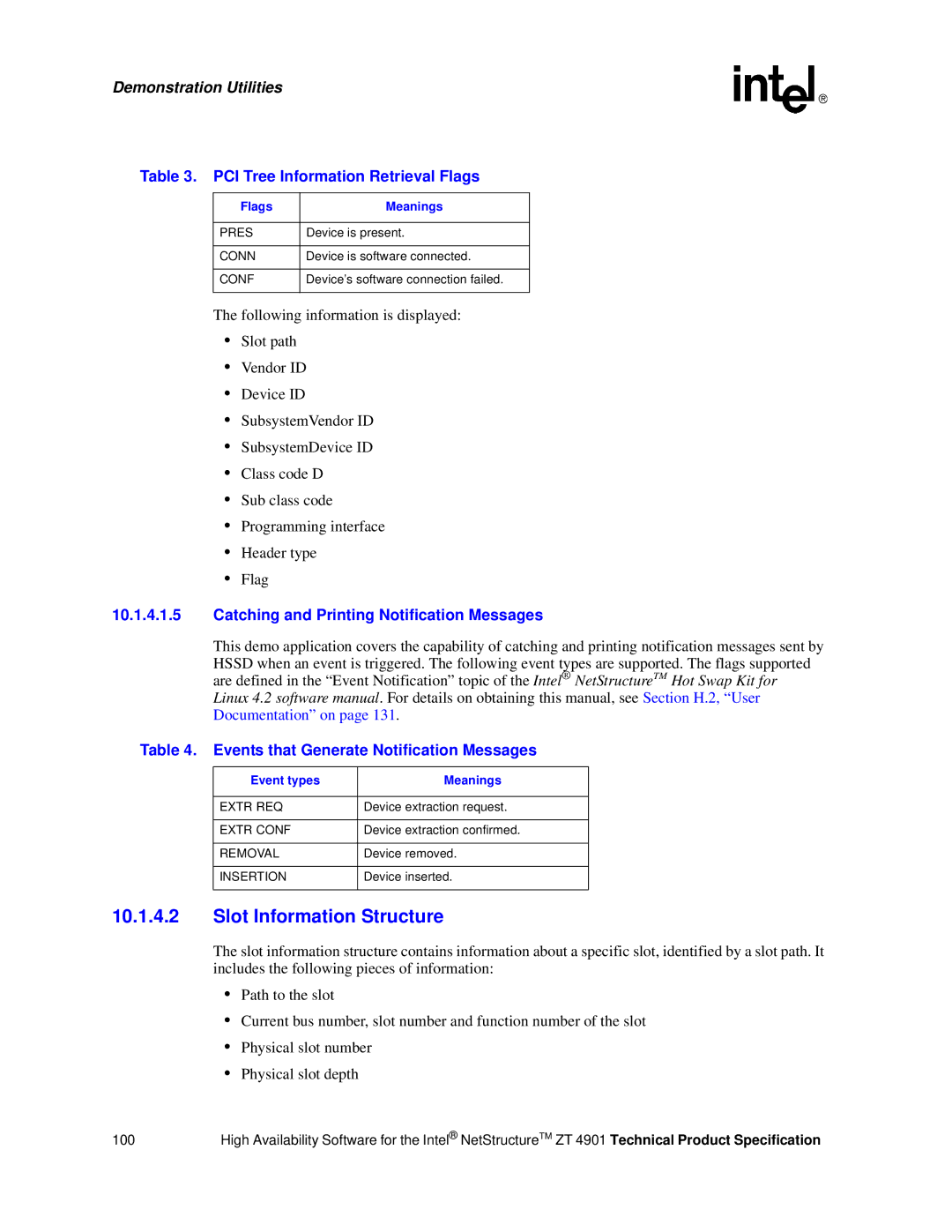 Intel ZT 4901 manual Slot Information Structure, PCI Tree Information Retrieval Flags 