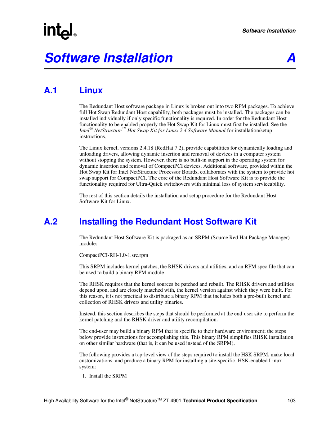 Intel ZT 4901 manual Software Installation, Linux, Installing the Redundant Host Software Kit 