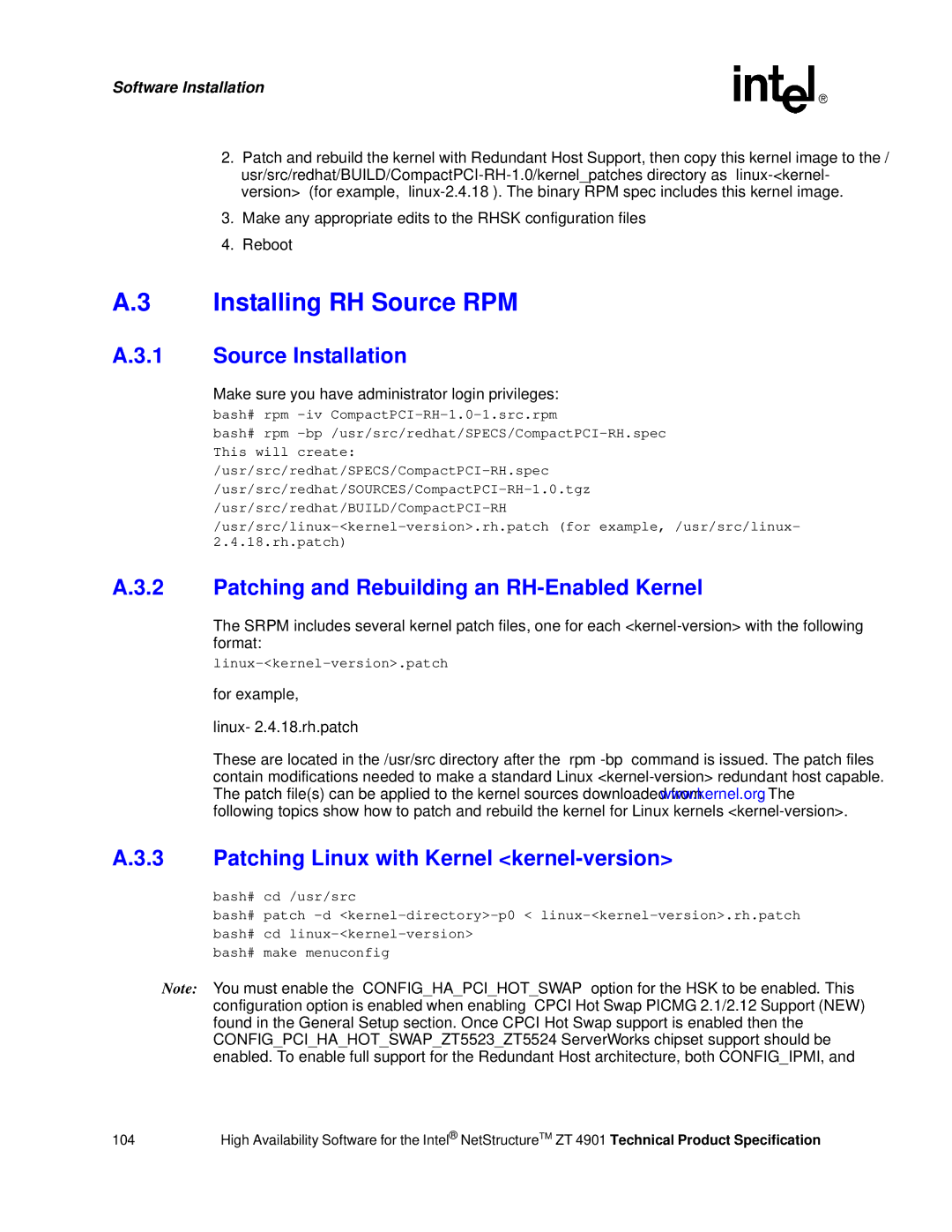 Intel ZT 4901 manual Installing RH Source RPM, Source Installation, Patching and Rebuilding an RH-Enabled Kernel 