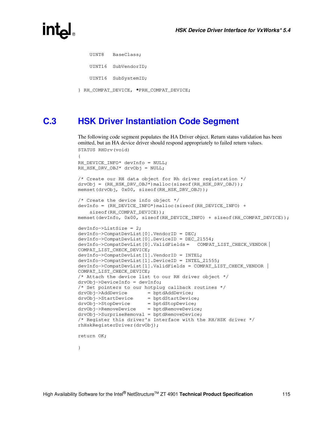 Intel ZT 4901 manual HSK Driver Instantiation Code Segment, Compatlistcheckdevice 