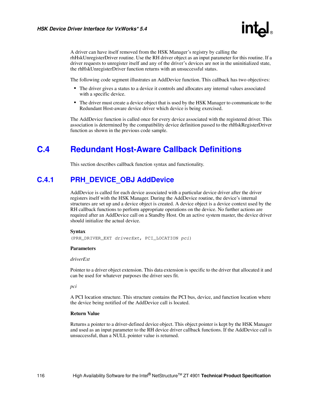 Intel ZT 4901 manual Redundant Host-Aware Callback Definitions, Prhdeviceobj AddDevice 