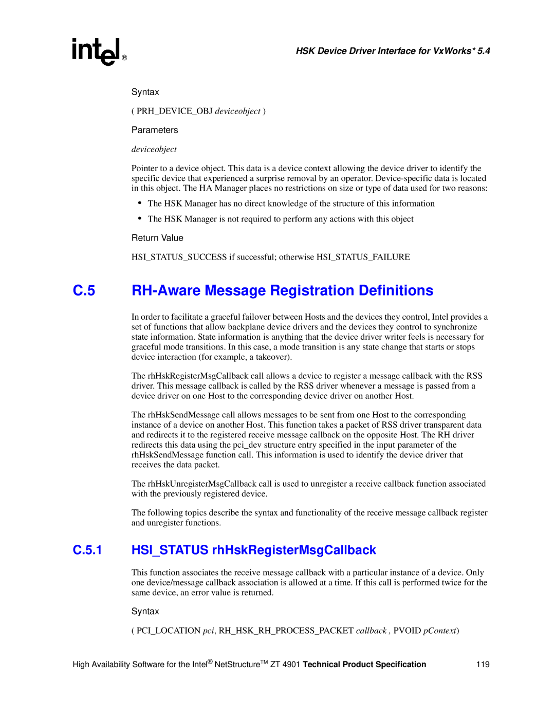 Intel ZT 4901 manual RH-Aware Message Registration Definitions, Hsistatus rhHskRegisterMsgCallback 