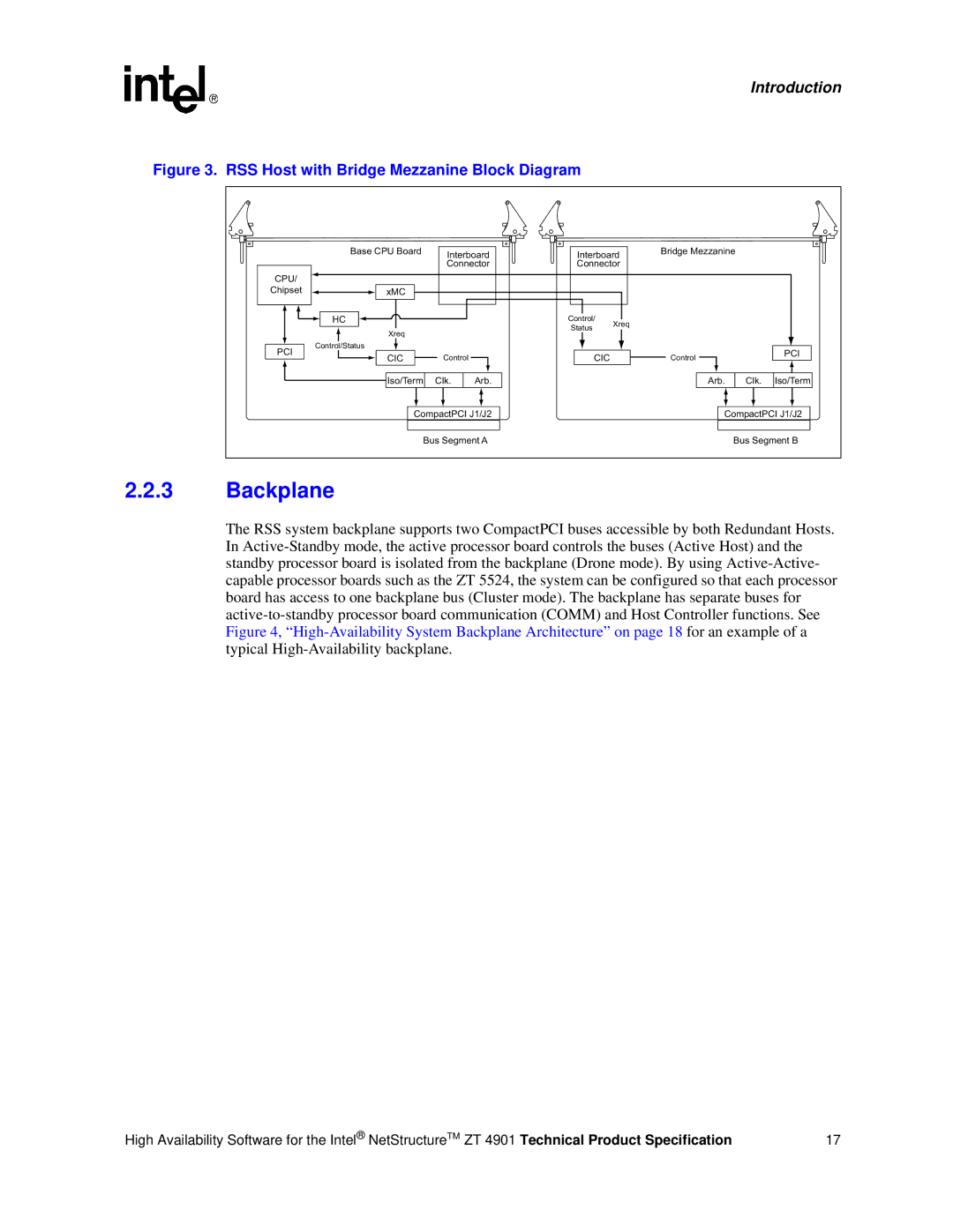 Intel ZT 4901 manual Backplane, RSS Host with Bridge Mezzanine Block Diagram 