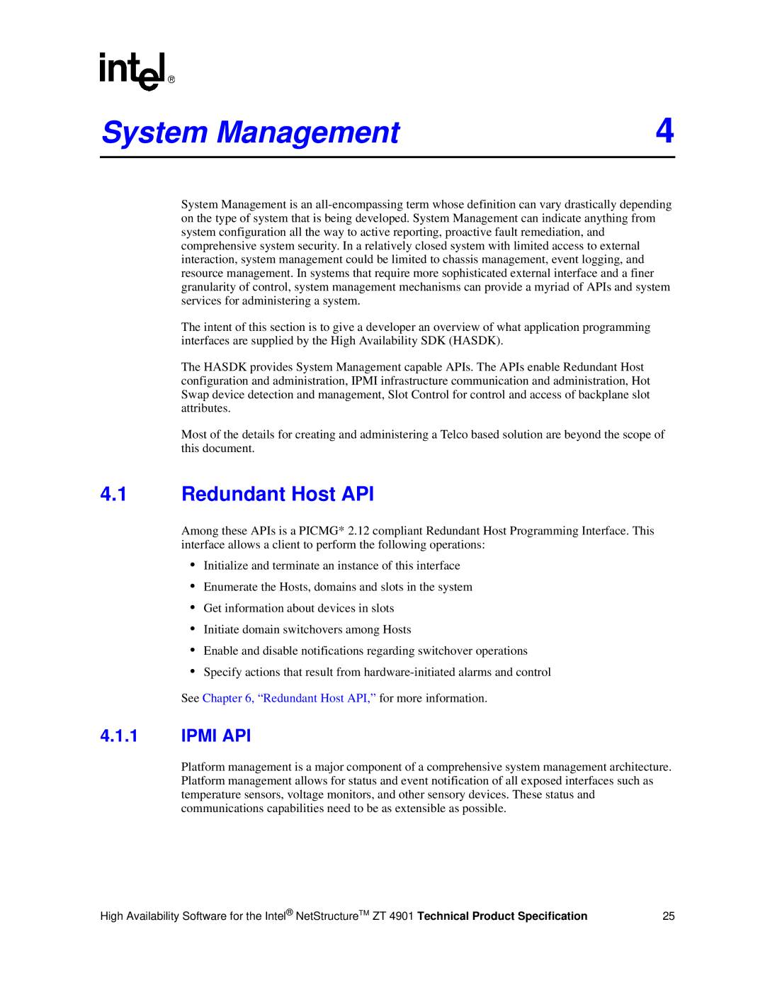 Intel ZT 4901 manual System Management, Redundant Host API, Ipmi API 