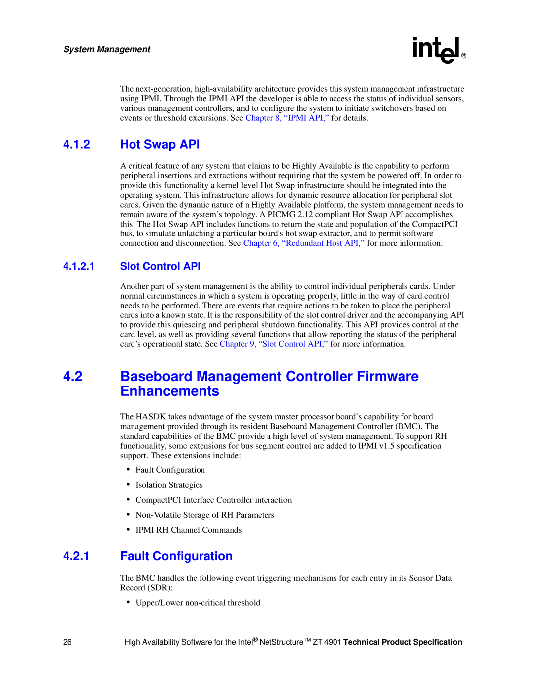 Intel ZT 4901 Baseboard Management Controller Firmware Enhancements, Hot Swap API, Fault Configuration, Slot Control API 