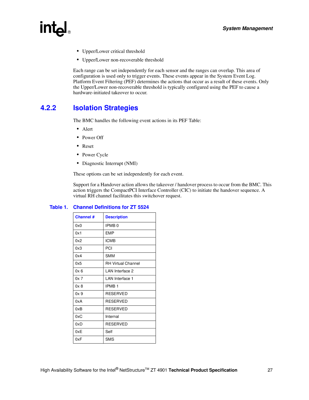 Intel ZT 4901 manual Isolation Strategies, Channel Definitions for ZT 