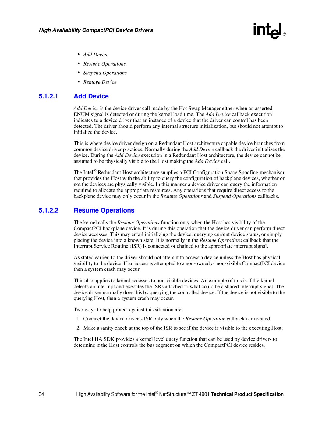 Intel ZT 4901 manual Add Device, Resume Operations 