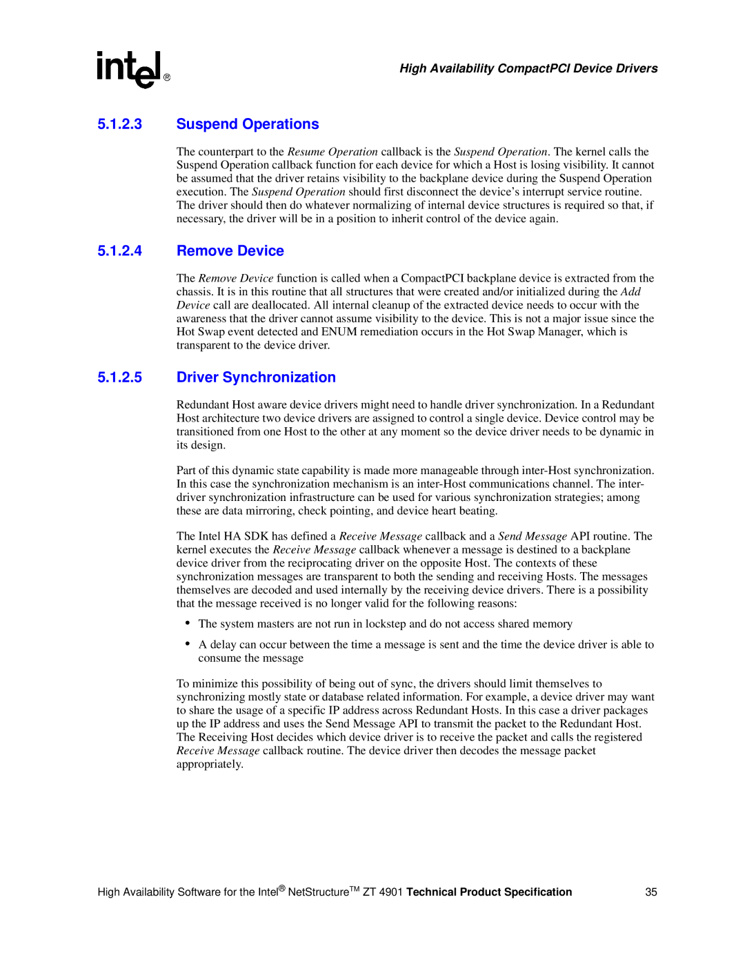 Intel ZT 4901 manual Suspend Operations, Remove Device, Driver Synchronization 