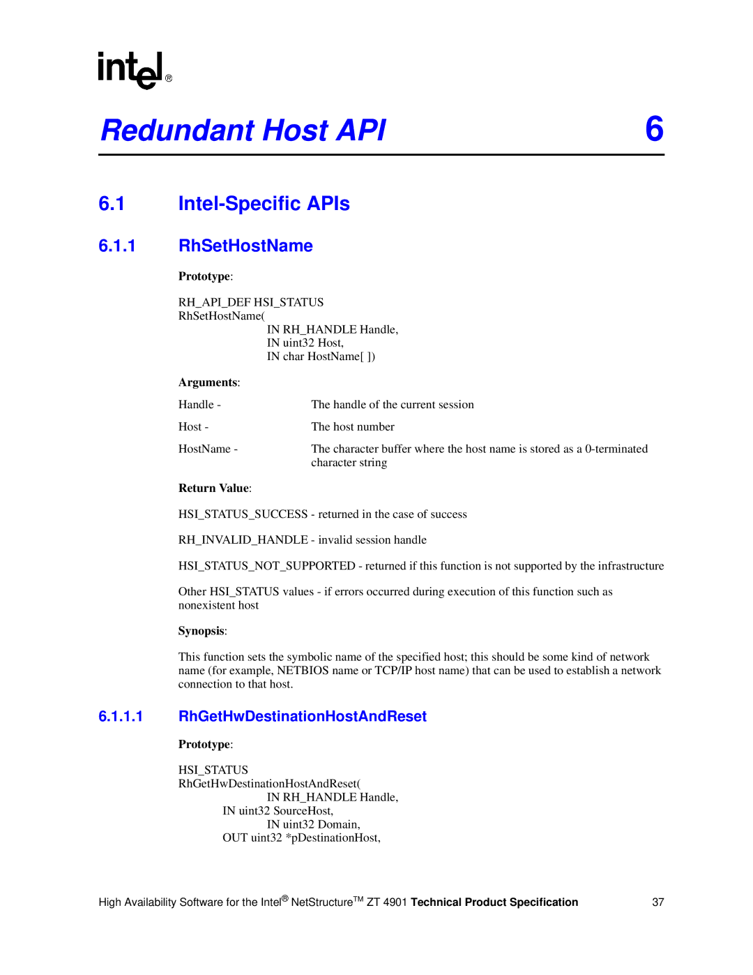 Intel ZT 4901 manual Redundant Host API, Intel-Specific APIs, RhSetHostName, RhGetHwDestinationHostAndReset 