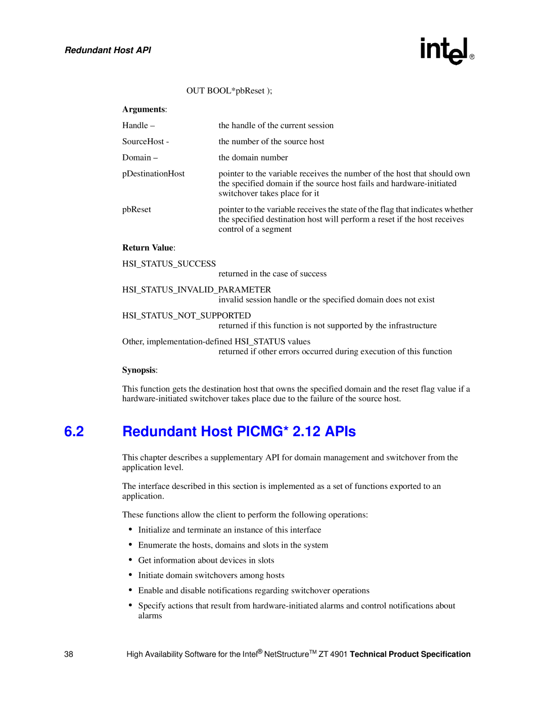 Intel ZT 4901 manual Redundant Host PICMG* 2.12 APIs, Redundant Host API, Hsistatussuccess, Hsistatusinvalidparameter 