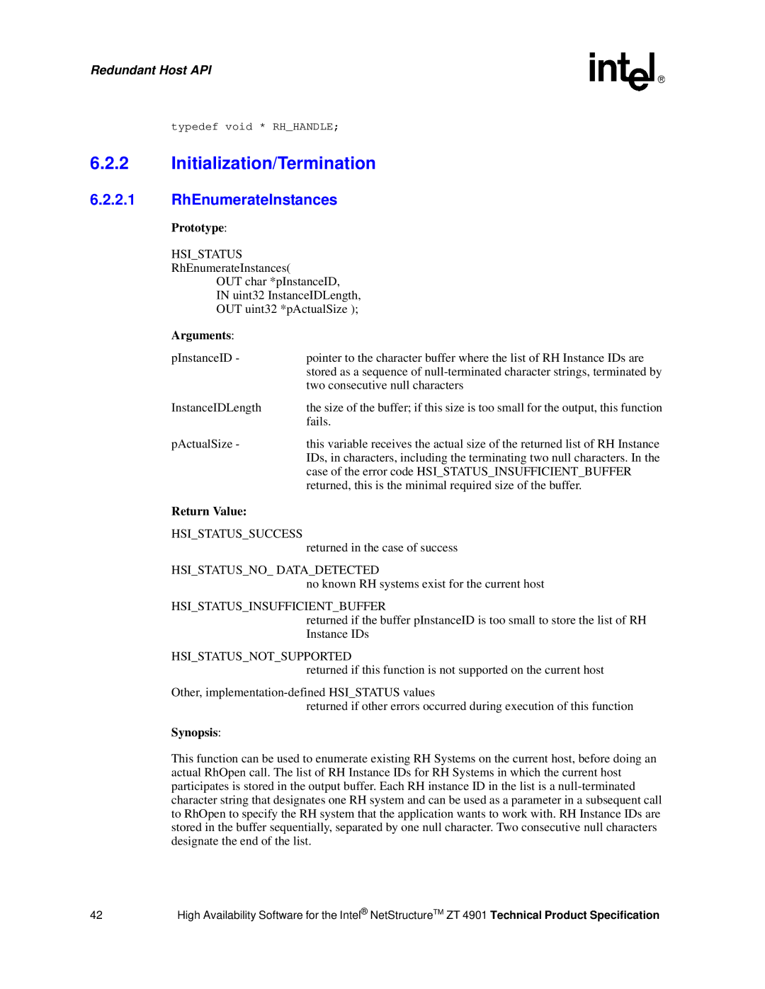 Intel ZT 4901 Initialization/Termination, RhEnumerateInstances, Hsistatusno Datadetected, Hsistatusinsufficientbuffer 