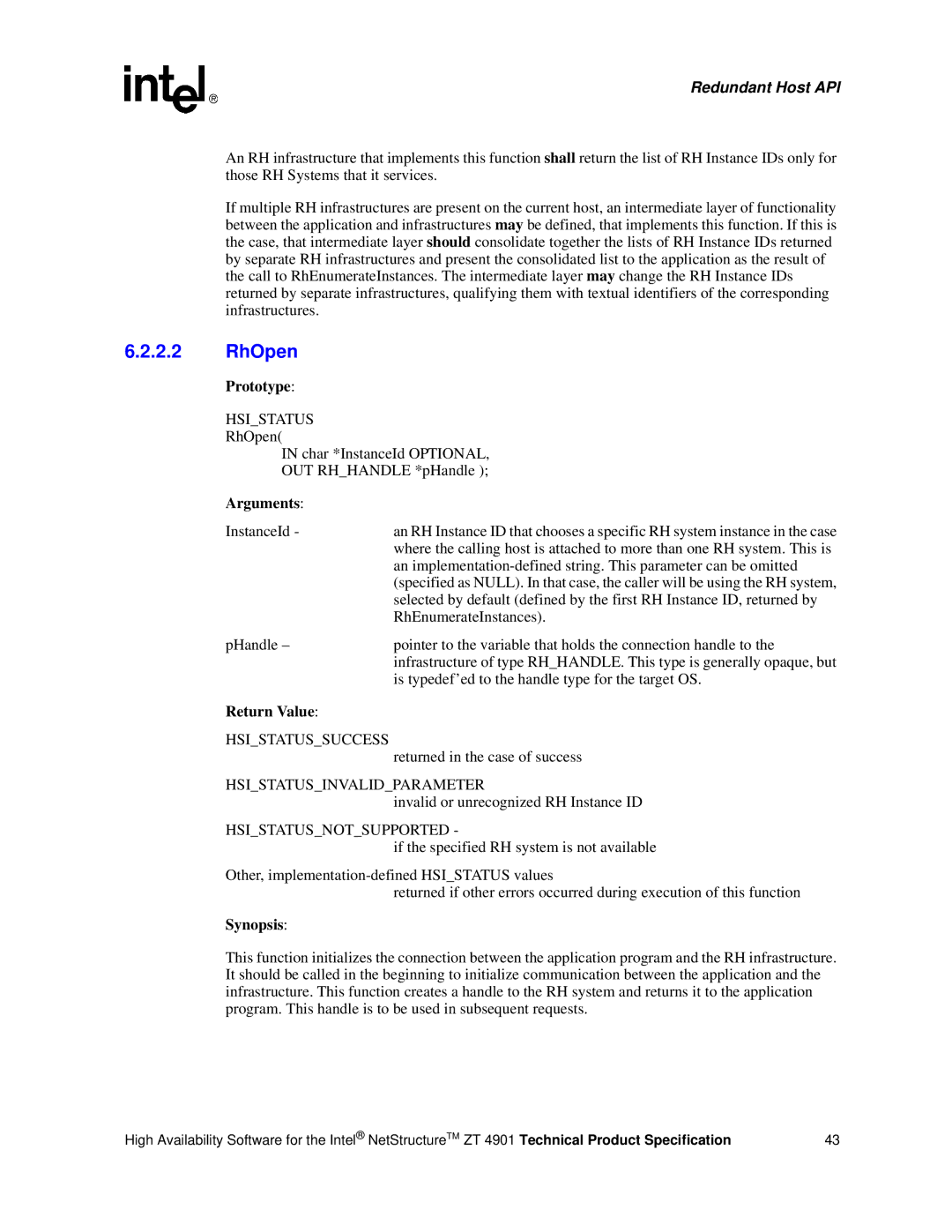 Intel ZT 4901 manual RhOpen Char *InstanceId Optional OUT Rhhandle *pHandle, RhEnumerateInstances 