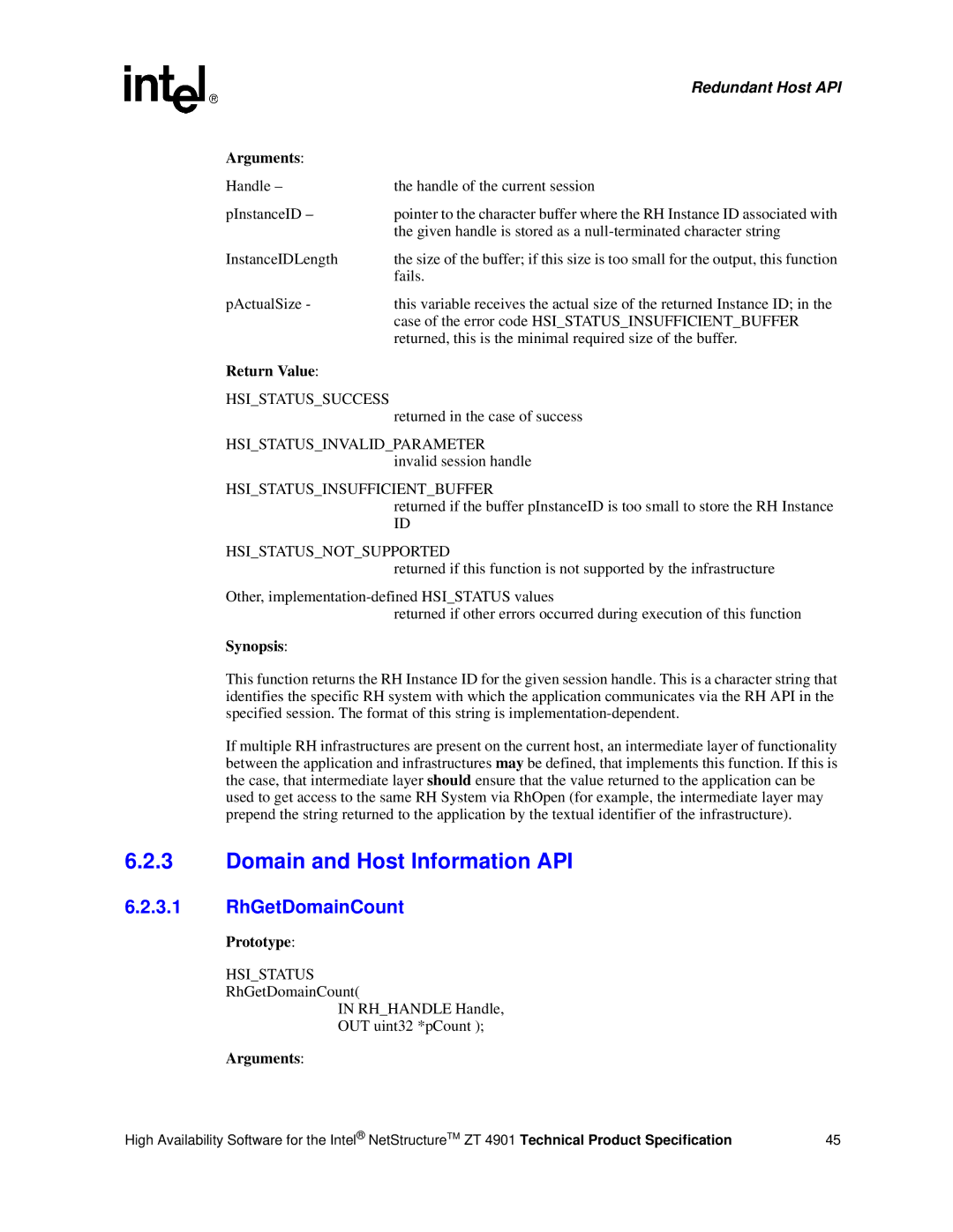 Intel ZT 4901 manual Domain and Host Information API, RhGetDomainCount, Handle Handle of the current session PInstanceID 