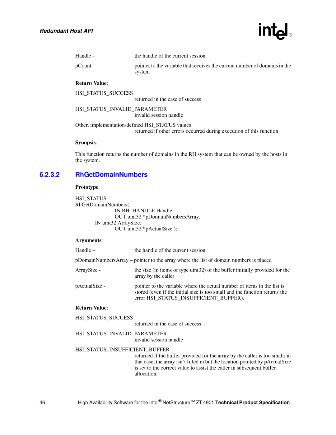 Intel ZT 4901 manual RhGetDomainNumbers, Handle Handle of the current session PCount, System 