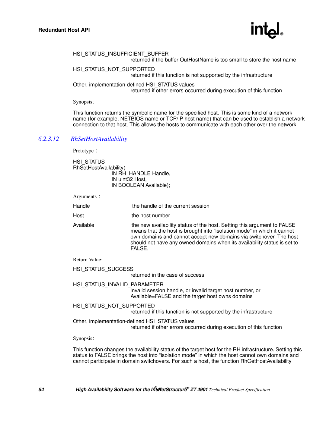 Intel ZT 4901 manual RhSetHostAvailability, False 