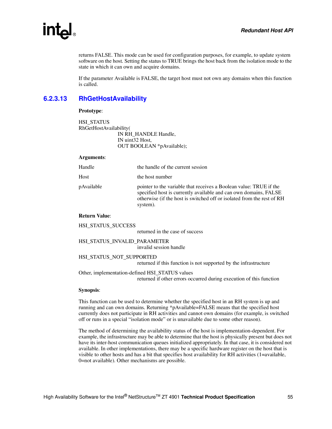 Intel ZT 4901 manual RhGetHostAvailability 