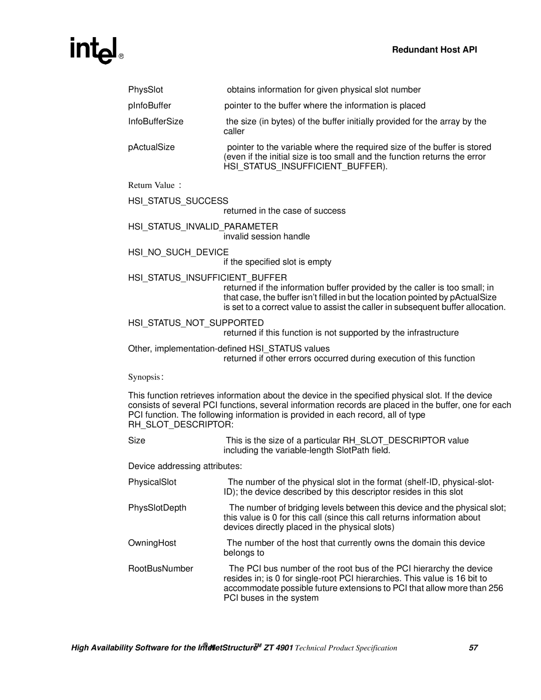 Intel ZT 4901 manual Hsinosuchdevice, If the specified slot is empty, Rhslotdescriptor, PCI buses in the system 