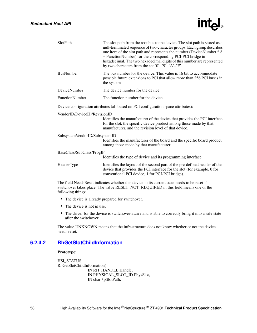 Intel ZT 4901 manual RhGetSlotChildInformation, SlotPath, + FunctionNumber for the corresponding PCI-PCI bridge 