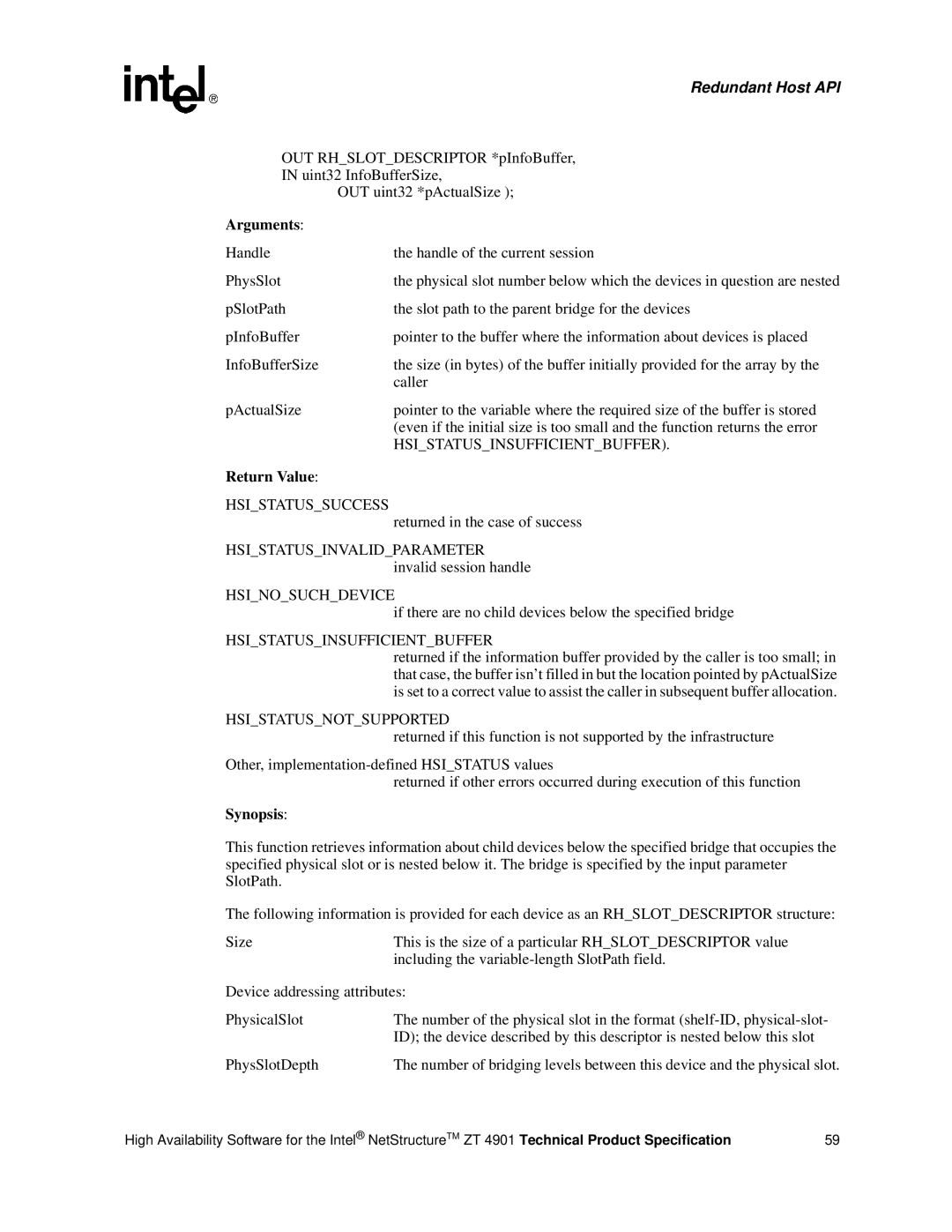 Intel ZT 4901 Handle Handle of the current session PhysSlot, If there are no child devices below the specified bridge 