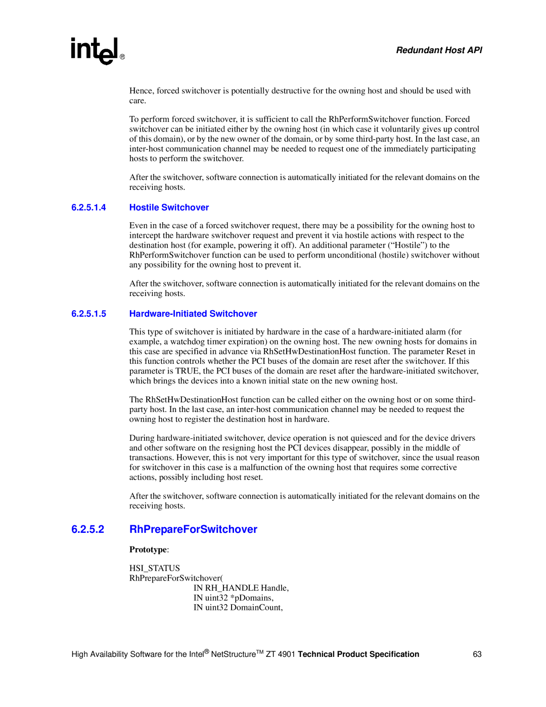 Intel ZT 4901 manual RhPrepareForSwitchover, Hostile Switchover 