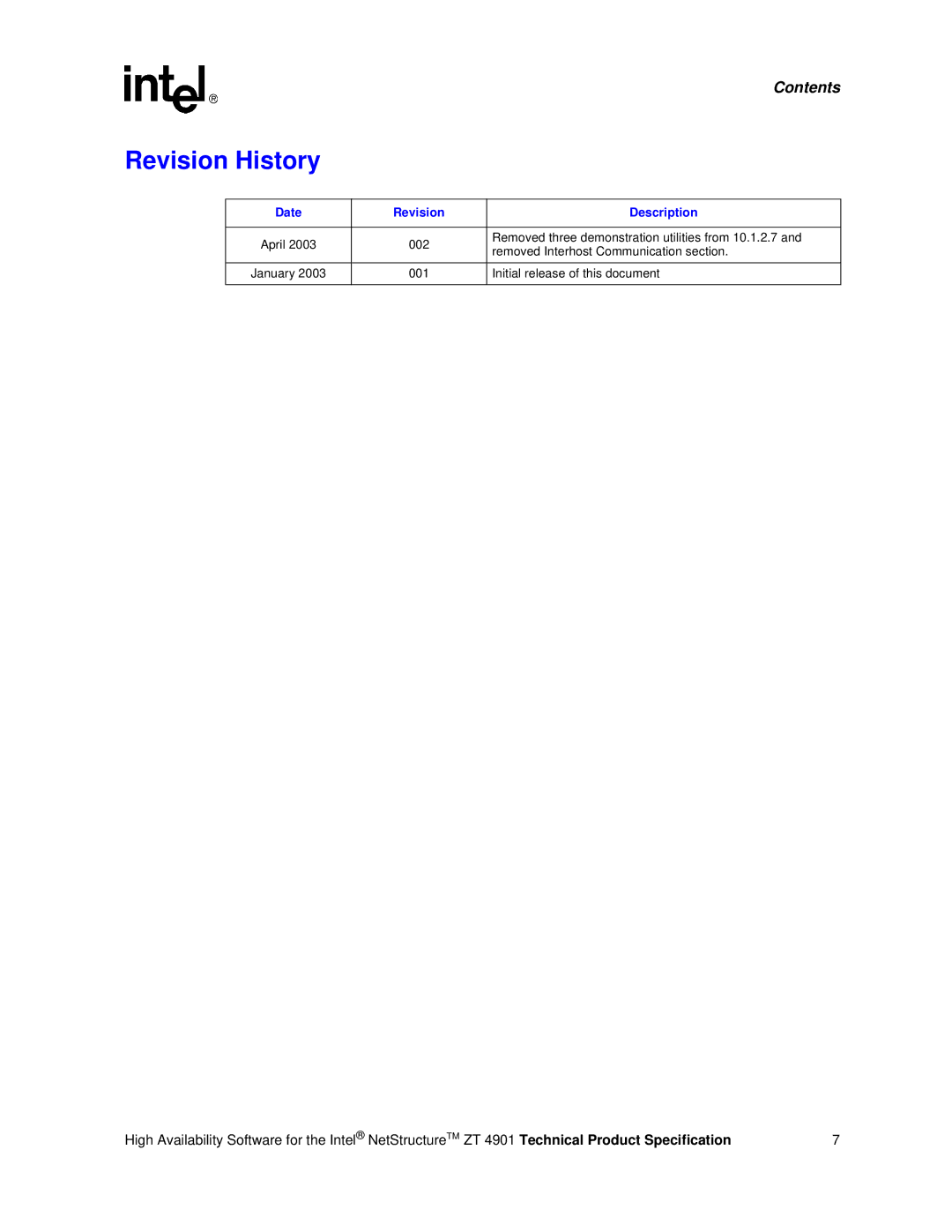 Intel ZT 4901 manual Revision History, Date Revision Description 