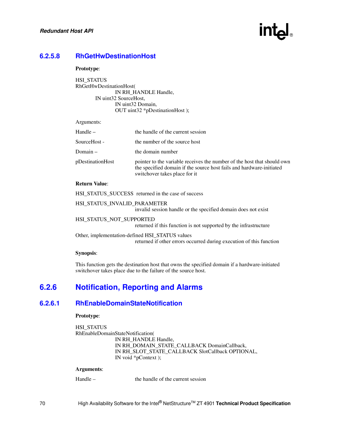 Intel ZT 4901 manual Notification, Reporting and Alarms, RhGetHwDestinationHost, RhEnableDomainStateNotification 