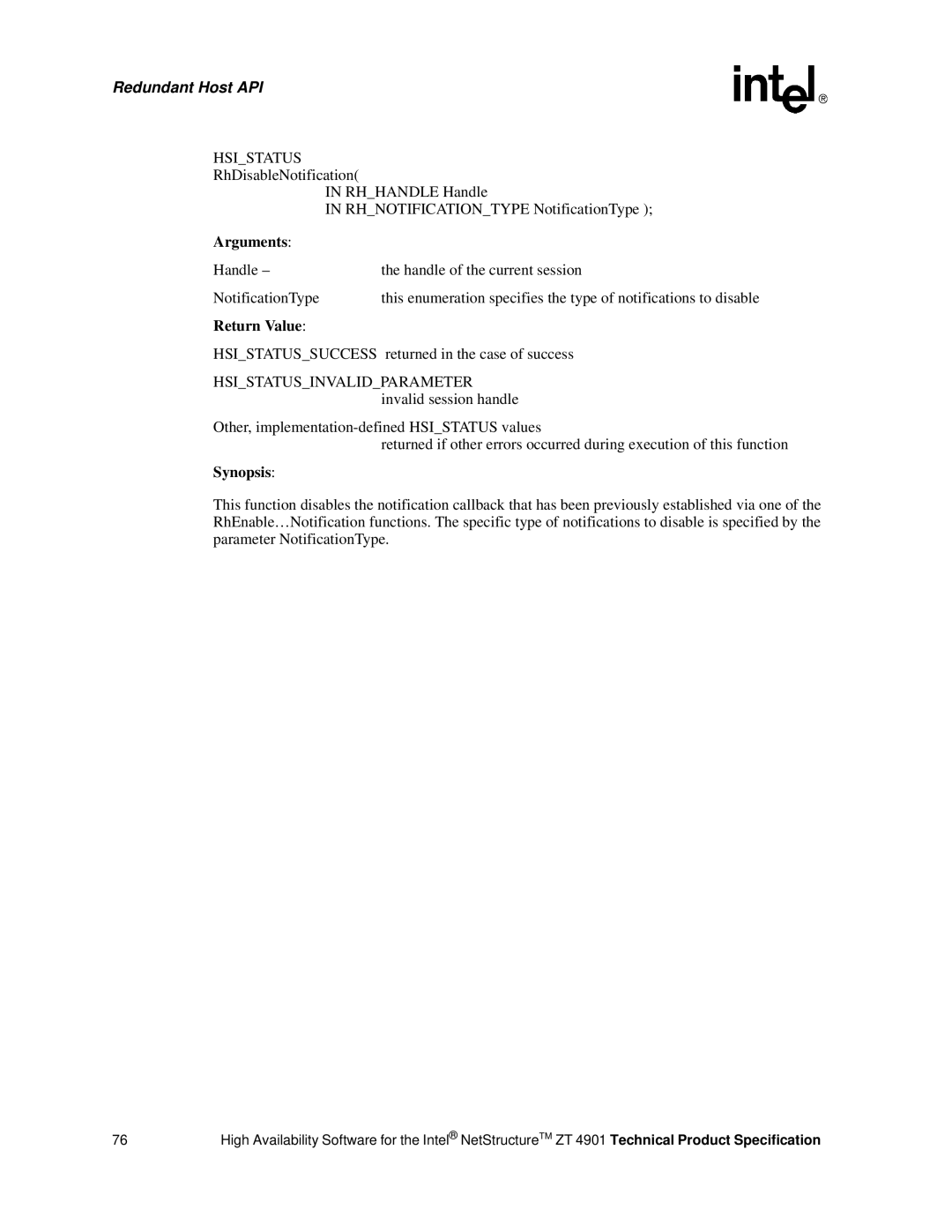 Intel ZT 4901 manual Hsistatus, Handle Handle of the current session NotificationType 
