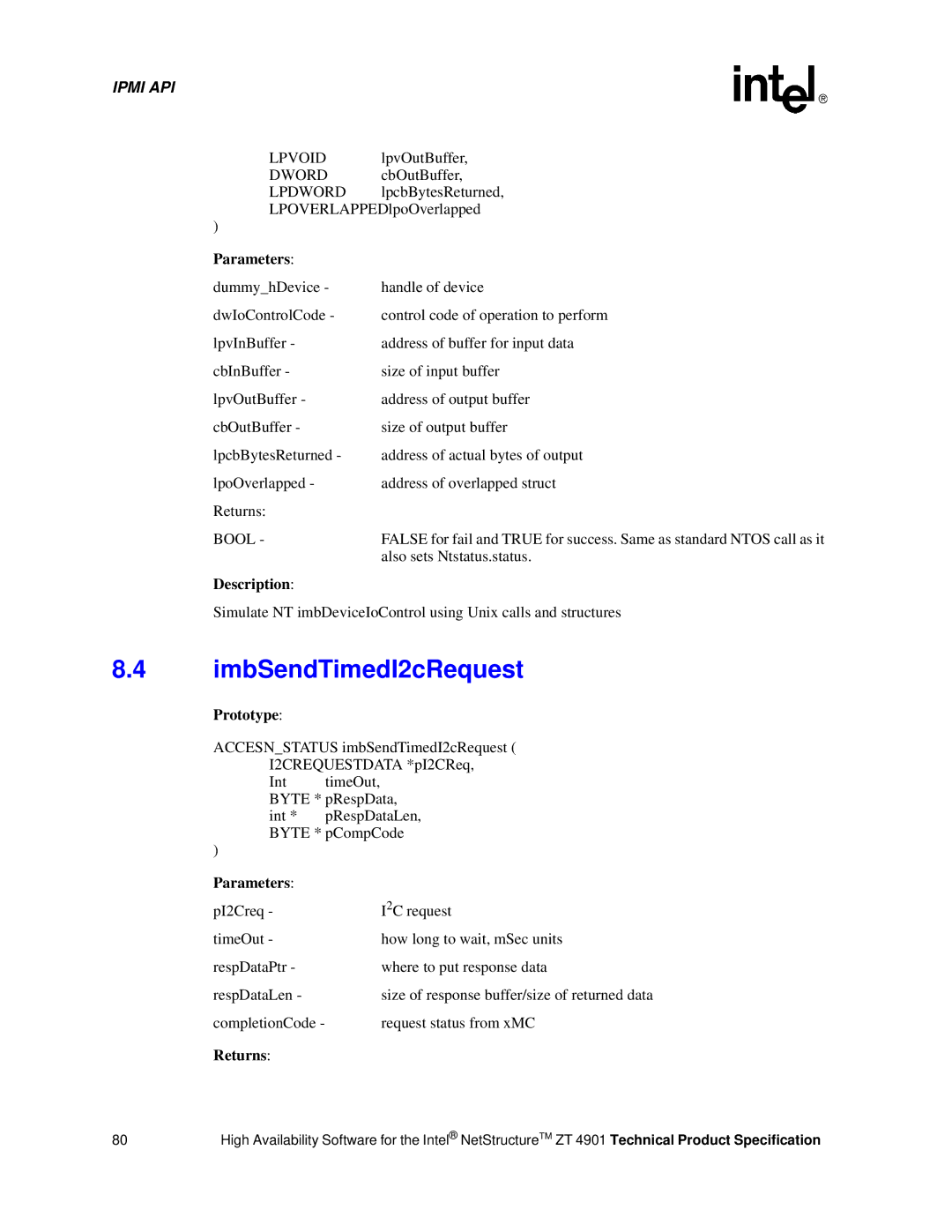 Intel ZT 4901 manual ImbSendTimedI2cRequest, Lpvoid, Dword, Lpdword, Bool 