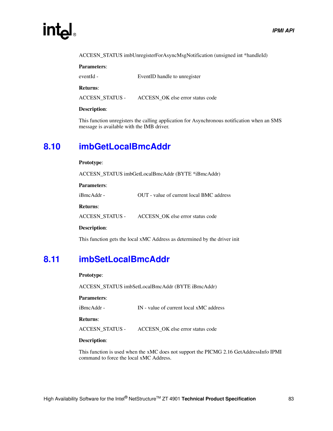 Intel ZT 4901 manual ImbGetLocalBmcAddr, ImbSetLocalBmcAddr 