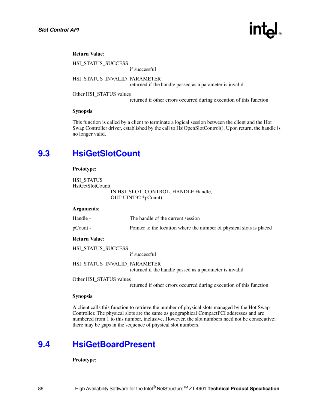 Intel ZT 4901 manual HsiGetSlotCount, HsiGetBoardPresent, Slot Control API 