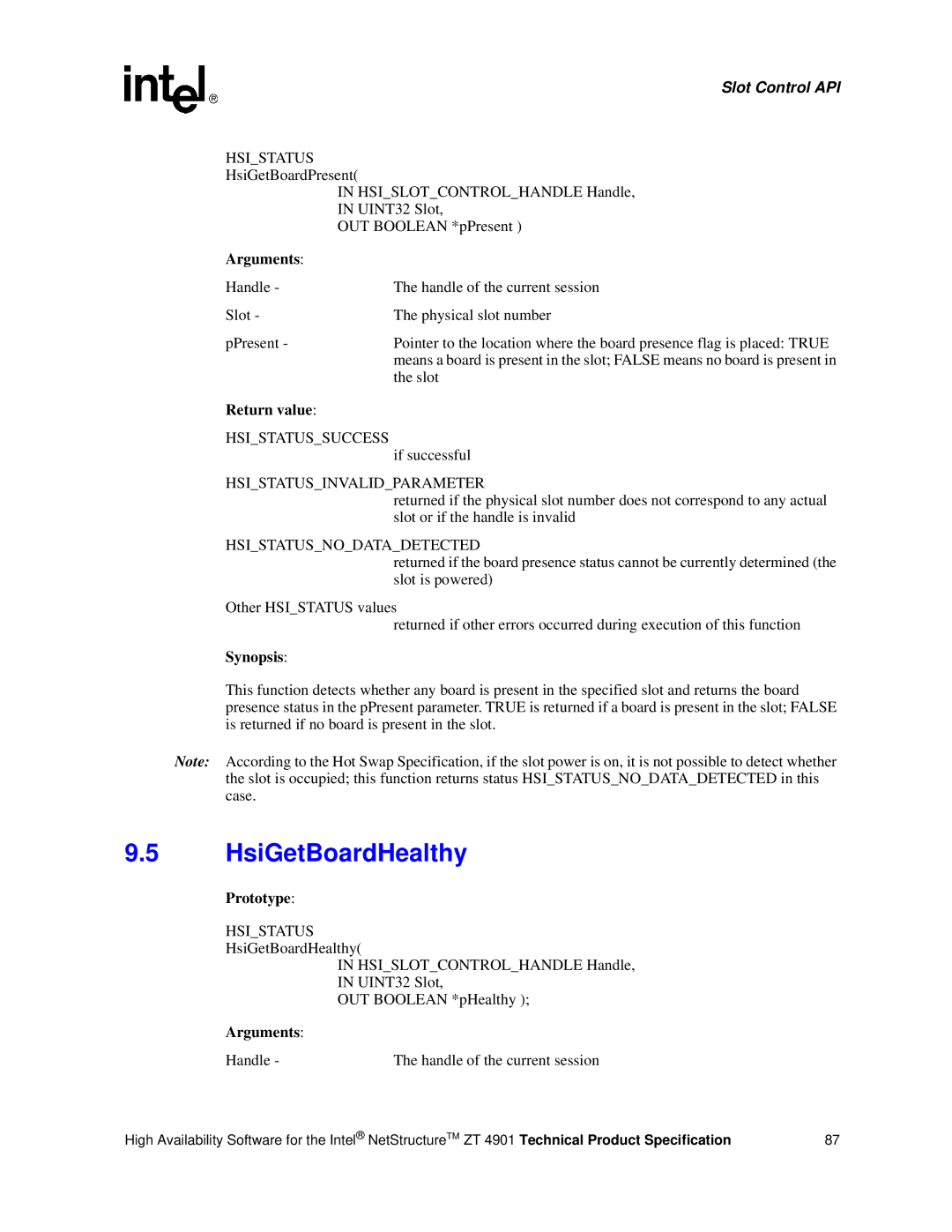 Intel ZT 4901 manual HsiGetBoardHealthy, Hsistatusnodatadetected 