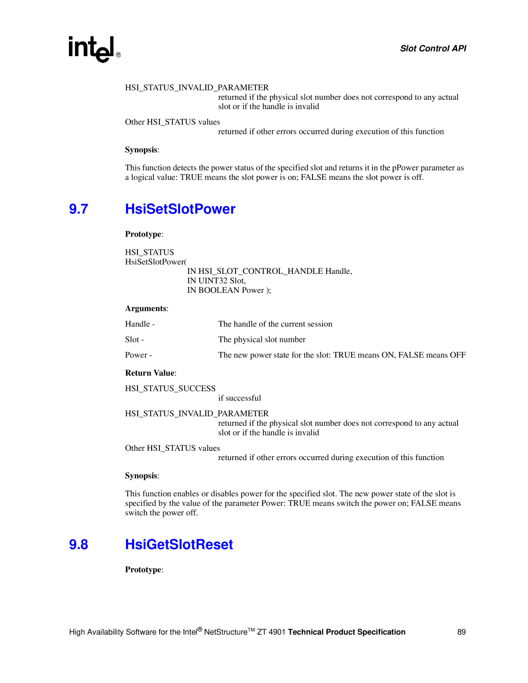 Intel ZT 4901 manual HsiSetSlotPower, HsiGetSlotReset 