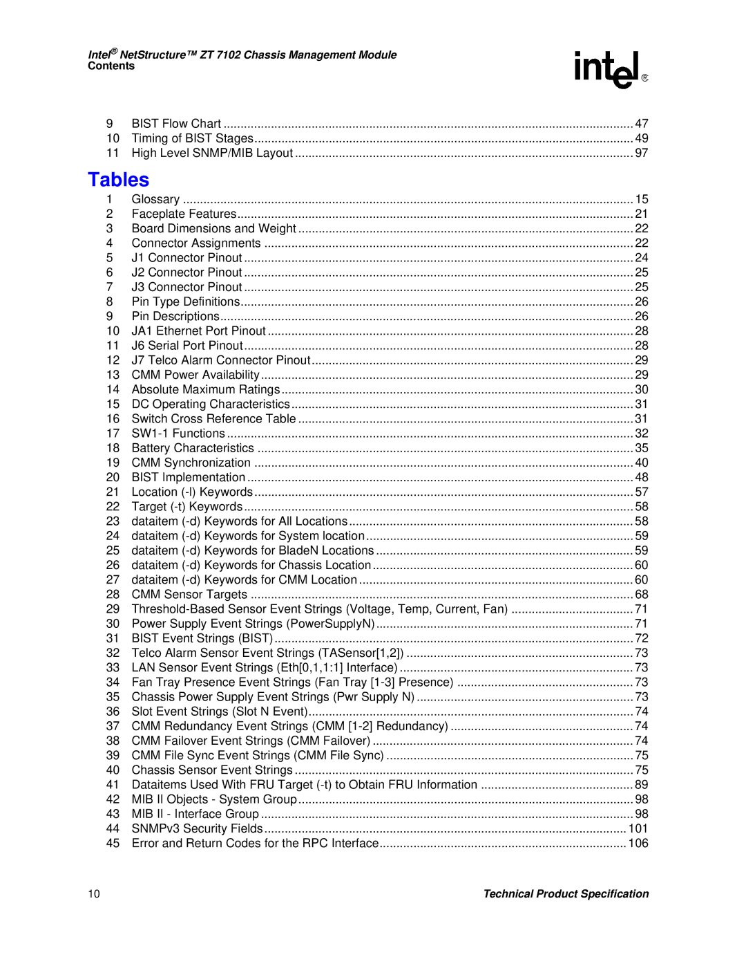 Intel ZT 7102 manual Tables 