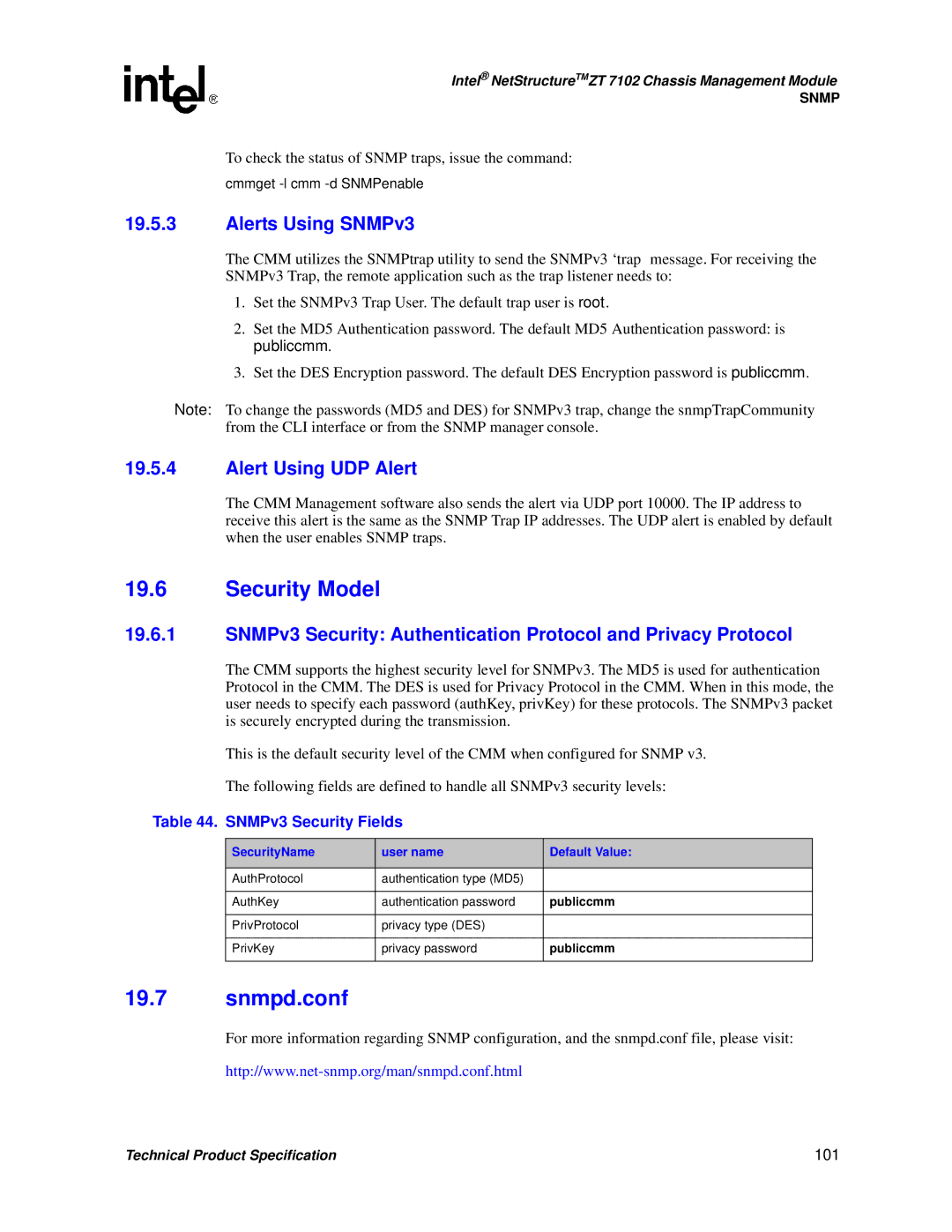 Intel ZT 7102 manual Security Model, Snmpd.conf, Alerts Using SNMPv3, Alert Using UDP Alert, 101 