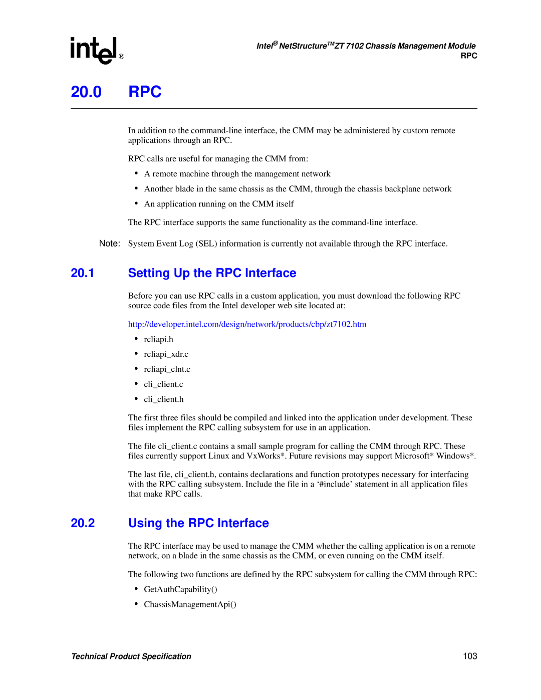 Intel ZT 7102 manual 20.0 RPC, Setting Up the RPC Interface, Using the RPC Interface, 103 