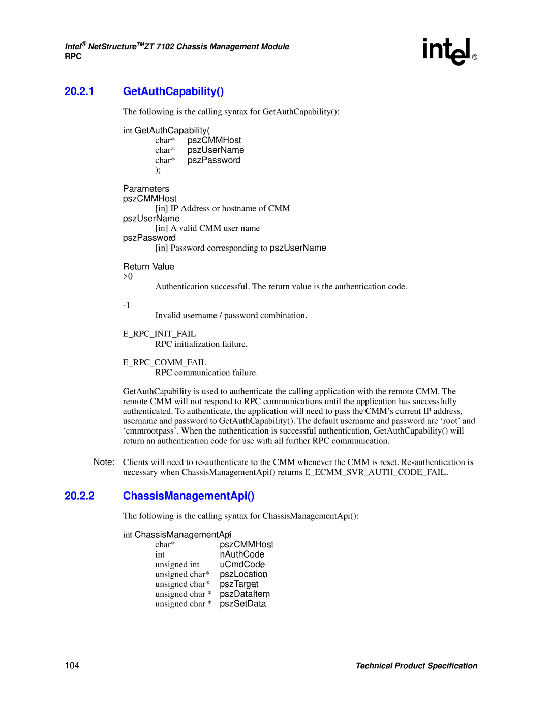 Intel ZT 7102 manual GetAuthCapability, ChassisManagementApi, 104 