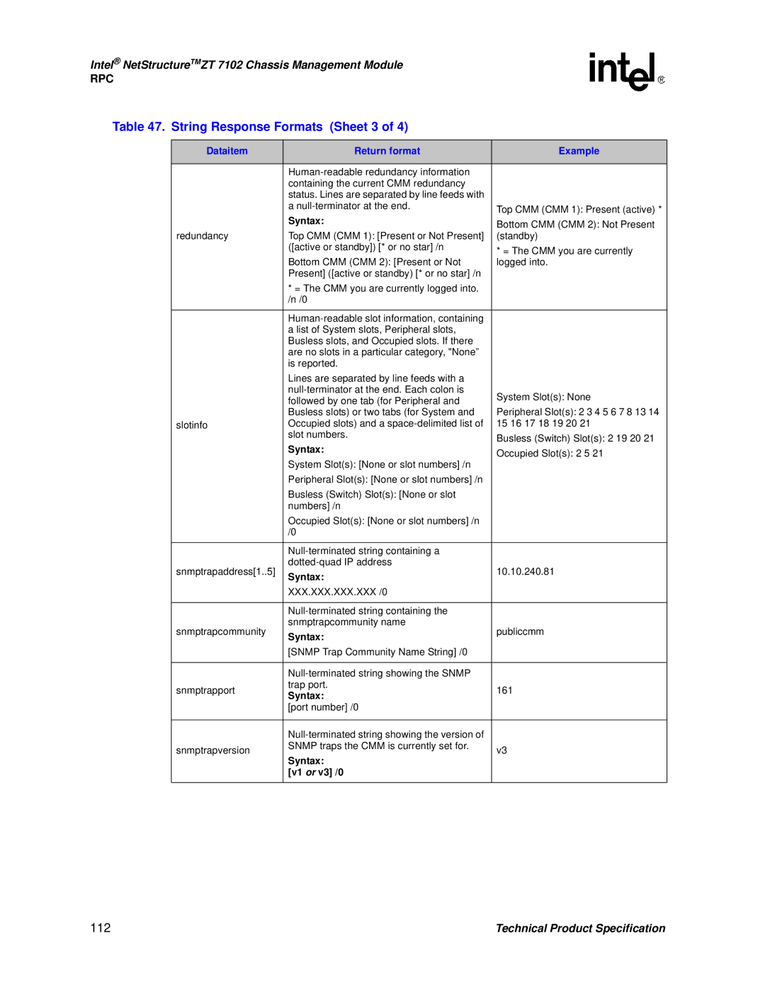 Intel ZT 7102 manual String Response Formats Sheet 3, 112 