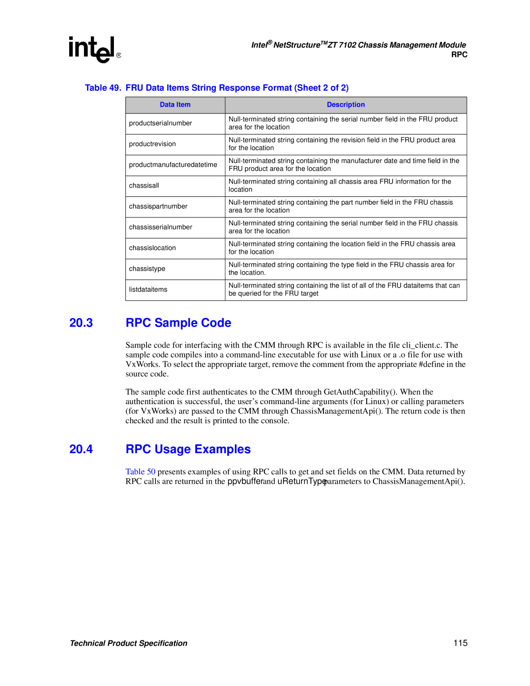 Intel ZT 7102 manual RPC Sample Code, RPC Usage Examples, FRU Data Items String Response Format Sheet 2, 115 